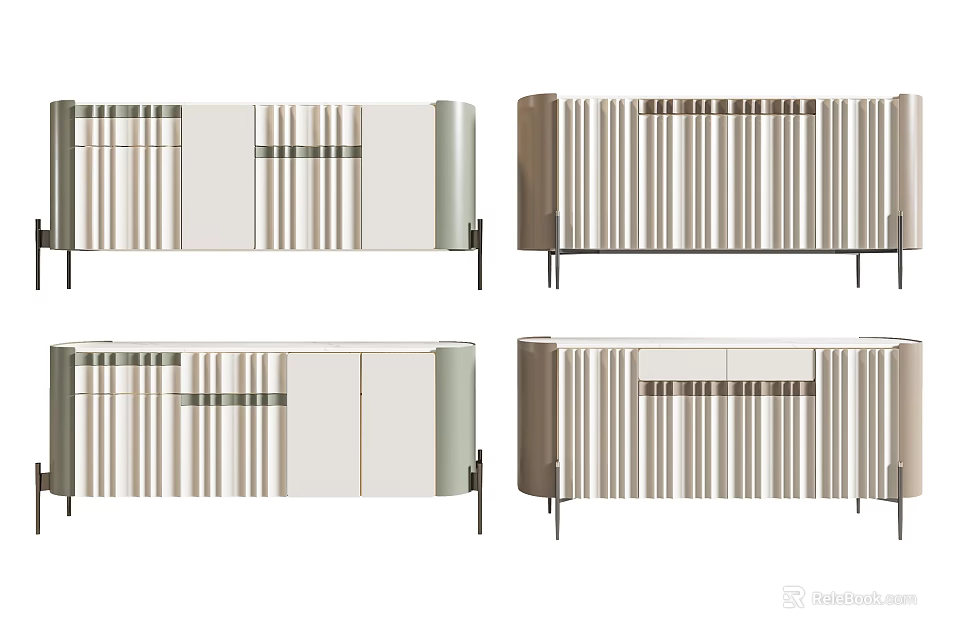 Modern Decorative Cabinets with Striped Patterns in Beige Grey Brown Tones and Metal Legs 3d model 