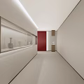 Modern Elevator Hallway With White Walls Red Accent And Display Cabinets With Vases 3d model