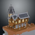 Cartoon Scene Of Charming House With Tower Gray Roof Wooden Platform And Detailed Windows