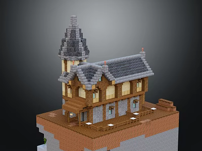 Cartoon Scene Of Charming House With Tower Gray Roof Wooden Platform And Detailed Windows 3d model