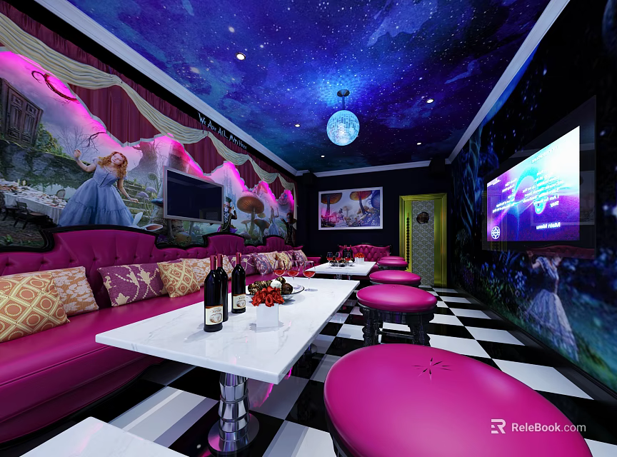 Starry Sky Ceiling KTV With Purple Sofas Mural Black White Checkered Floor Large Screen TV 3d model 