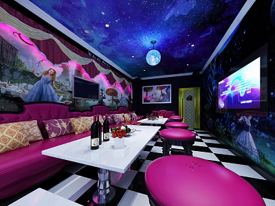 Starry Sky Ceiling KTV With Purple Sofas Mural Black White Checkered Floor Large Screen TV 3d model