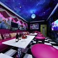 Starry Sky Ceiling KTV With Purple Sofas Mural Black White Checkered Floor Large Screen TV