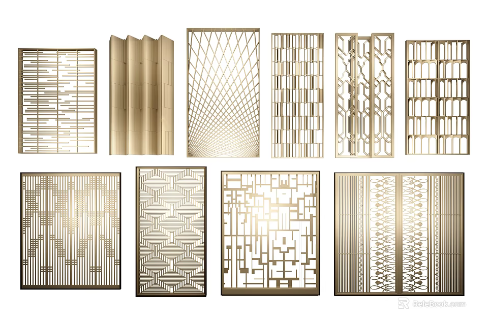 Decorative Room Dividers With Various Geometric Laser Cut Patterns And Metal Frames 3d model