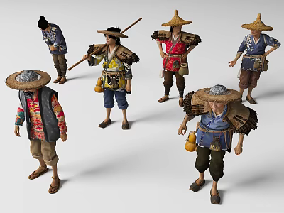 Game And Movie Characters In Ancient Style Outfits With Straw Hats 3d model