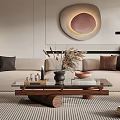 Modern Living Room Interior Design With Sofa Wooden Coffee Table Decorations Green Plant And Wall Art