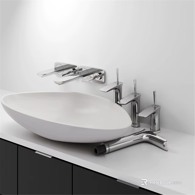 White Oval Shaped Countertop Washbasin with Chrome Faucet and Modern Bathroom Accessories 3d model 