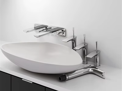 White Oval Shaped Countertop Washbasin with Chrome Faucet and Modern Bathroom Accessories 3d model