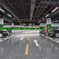 Modern Parking Lot with Parked Cars Floor Markings Arrows And Green White Columns