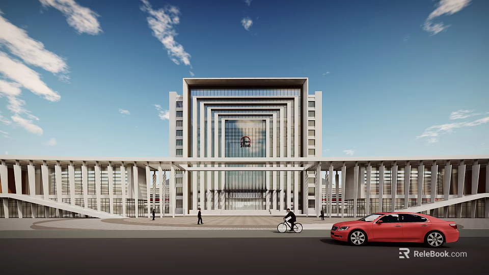 Modern Office Building Exterior With Glass Curtain Wall Colonnade Plaza Pedestrians Vehicles And Blue Sky 3d model 