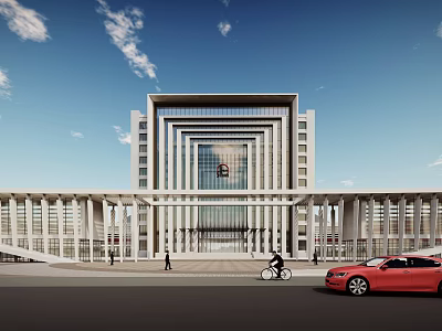 Modern Office Building Exterior With Glass Curtain Wall Colonnade Plaza Pedestrians Vehicles And Blue Sky 3d model