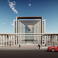 Modern Office Building Exterior With Glass Curtain Wall Colonnade Plaza Pedestrians Vehicles And Blue Sky