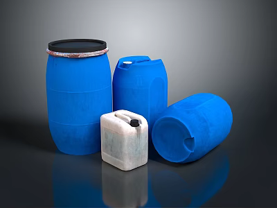 Hardware Storage Tools Blue Barrels Jugs in Various Sizes and White Small Container 3d model