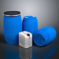 Hardware Storage Tools Blue Barrels Jugs in Various Sizes and White Small Container 3d model