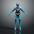 Futuristic Blue And Black Armored Character With Red Accents And Sleek Design