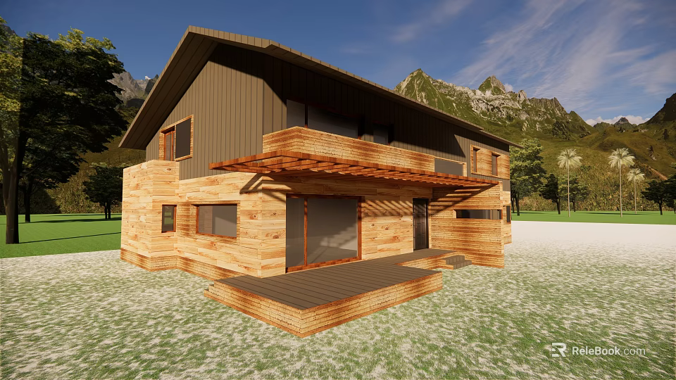 Wooden Detached Villa With Mountain Backdrop Outdoor Staircase And Green Lawn 3d model 