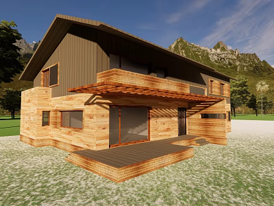 Wooden Detached Villa With Mountain Backdrop Outdoor Staircase And Green Lawn 3d model