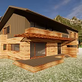 Wooden Detached Villa With Mountain Backdrop Outdoor Staircase And Green Lawn
