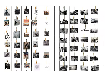 Grid Photo Wall With Clothespins Holding Various Photos And Notes 3d model