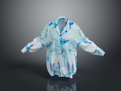 Loose Fit Blue And White Chiffon Shirt With Colorful Patterns And Flowy Design 3d model