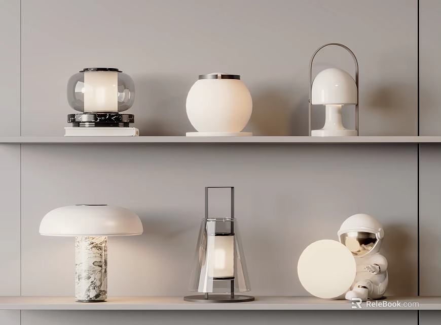 Modern Table Lamps With Various Designs On Shelf Display For Home Decoration 3d model 