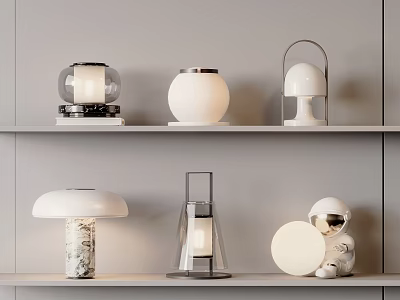 Modern Table Lamps With Various Designs On Shelf Display For Home Decoration 3d model