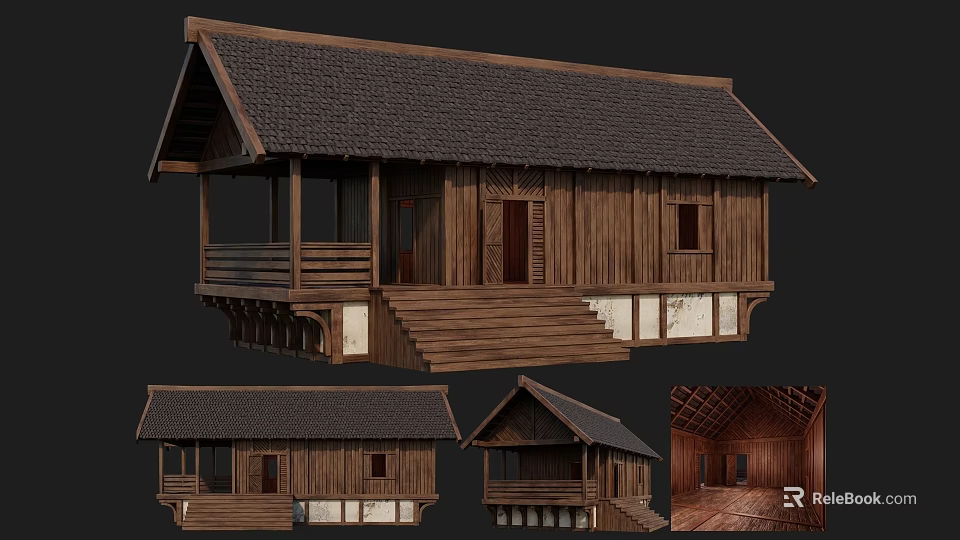 Ancient Architecture Wooden Structure With Sloped Roof Stairs Veranda And Traditional Design Views 3d model 