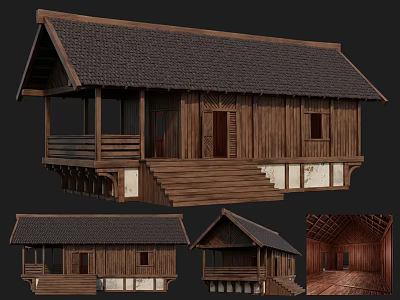 Ancient Architecture Wooden Structure With Sloped Roof Stairs Veranda And Traditional Design Views 3d model