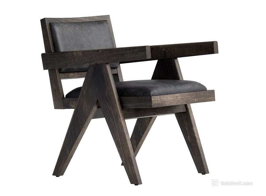 Modern Accent Chair With Wooden Armrest Dark Leather Cushion And Triangular Leg Design 3d model 