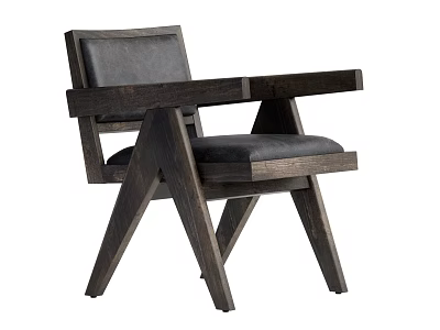 Modern Accent Chair With Wooden Armrest Dark Leather Cushion And Triangular Leg Design 3d model
