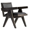 Modern Accent Chair With Wooden Armrest Dark Leather Cushion And Triangular Leg Design