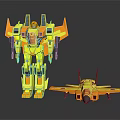 Yellow Robot Toy And Fighter Jet Model Display On Reflective Surface 3d model