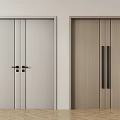 Modern Double Doors Light Gray Natural Wood Metal Handles White Walls Wooden Flooring