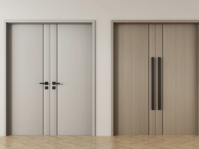 Modern Double Doors Light Gray Natural Wood Metal Handles White Walls Wooden Flooring 3d model