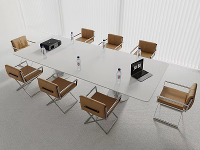 Modern Conference Table With Brown Leather Chairs Laptop And Water Bottles In Meeting Room 3d model