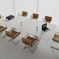 Modern Conference Table With Brown Leather Chairs Laptop And Water Bottles In Meeting Room