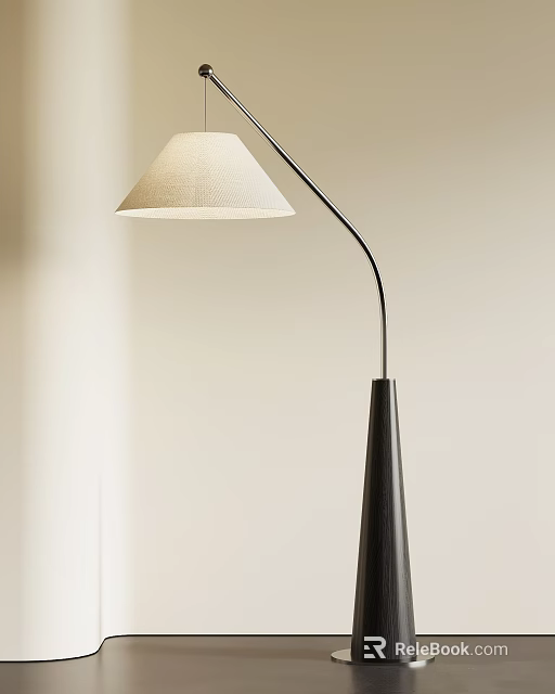 Modern Minimalist Floor Lamp with Beige Fabric Shade Curved Black Stand and Conical Wooden Base 3d model 