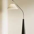 Modern Minimalist Floor Lamp with Beige Fabric Shade Curved Black Stand and Conical Wooden Base