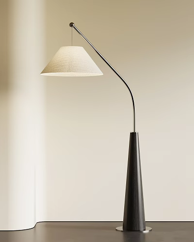 Modern Minimalist Floor Lamp with Beige Fabric Shade Curved Black Stand and Conical Wooden Base 3d model