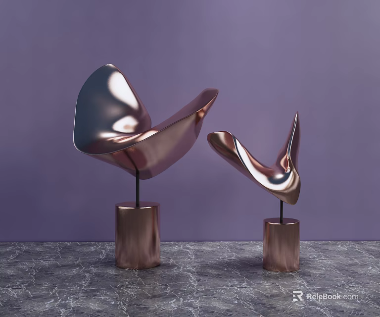 Curved Metallic Sculptures Displayed On Copper Bases Against Purple Background And Marble Surface 3d model 