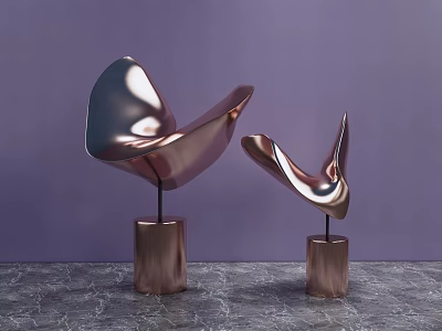 Curved Metallic Sculptures Displayed On Copper Bases Against Purple Background And Marble Surface 3d model