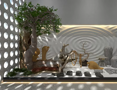Courtyard landscape sketch Zen landscape 3d model