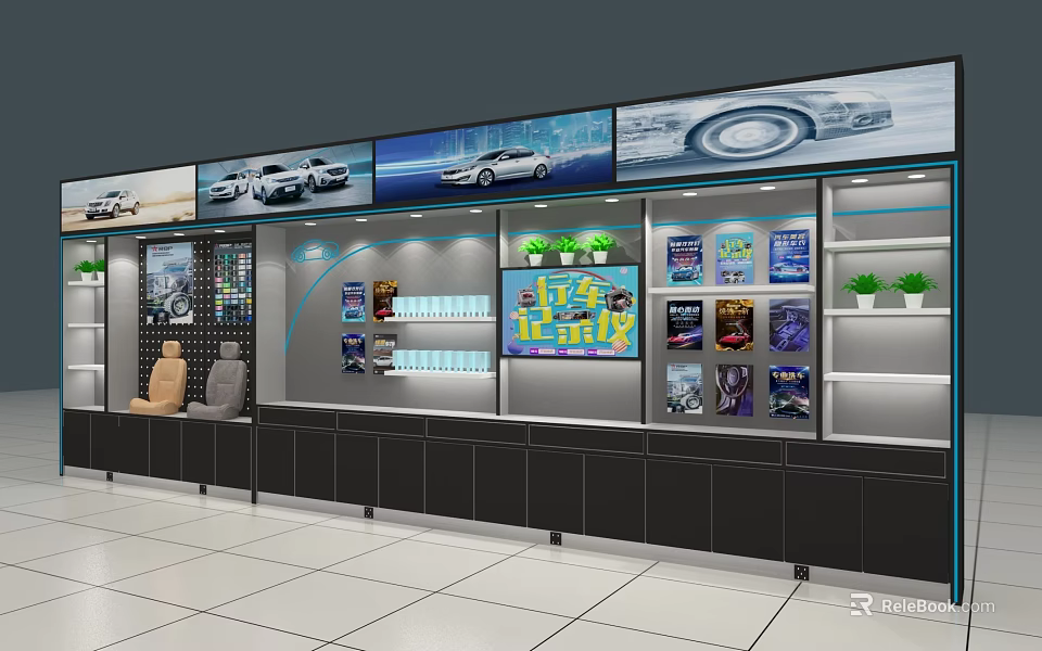 Car 4S Shop Interior With Display Area Car Images Auto Accessories And Seats 3d model 