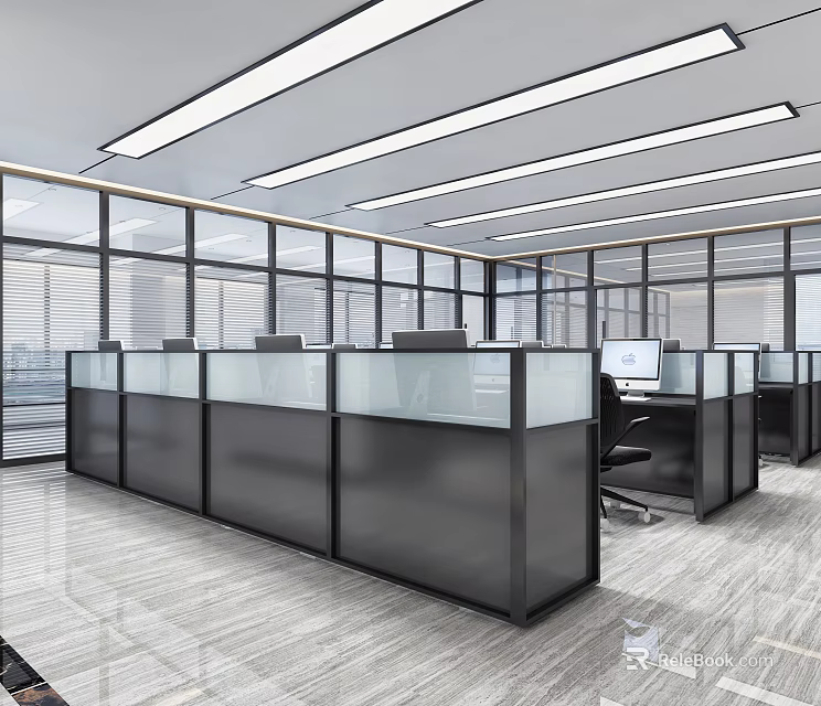 Modern Open Public Office Area With Glass Cubicles Computers And Large Windows 3d model 