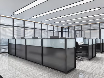 Modern Open Public Office Area With Glass Cubicles Computers And Large Windows 3d model