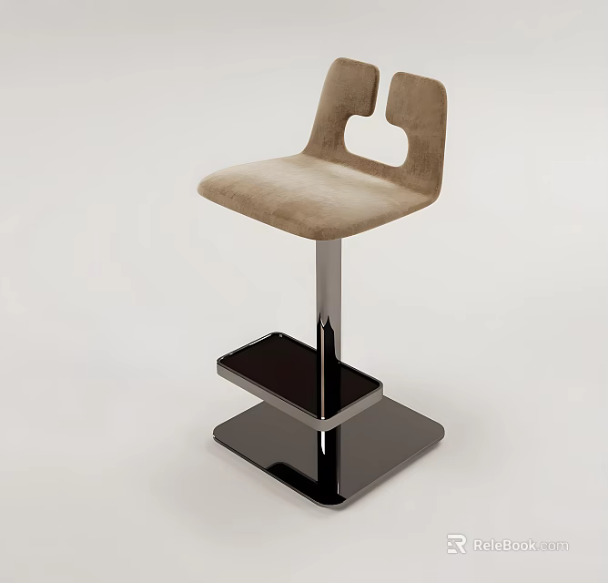 Modern Light Brown Bar Stool with Velvet Seat Unique Backrest Black Metal Base Double Footrest 3d model 
