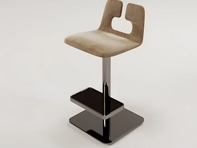 Modern Light Brown Bar Stool with Velvet Seat Unique Backrest Black Metal Base Double Footrest 3d model