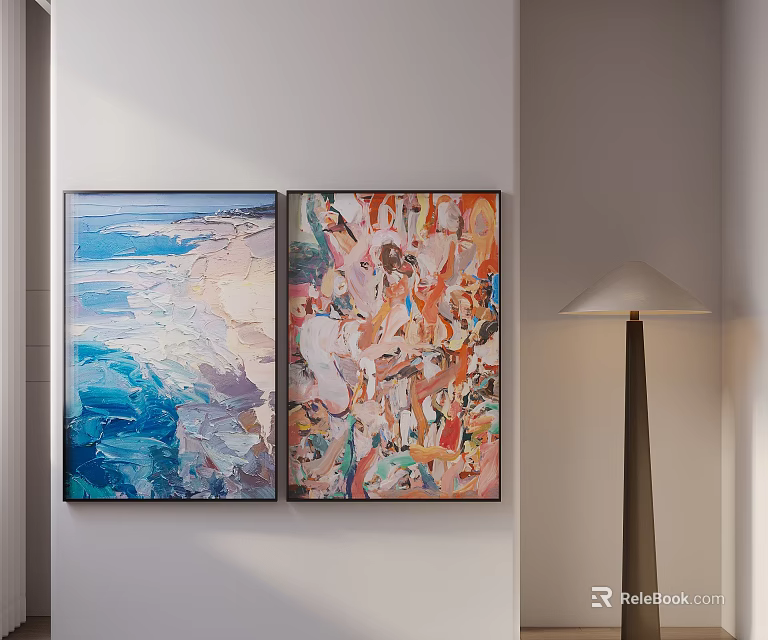 Colorful Abstract Paintings On Wall With Modern Floor Lamp Decor 3d model 