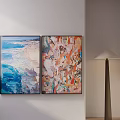 Colorful Abstract Paintings On Wall With Modern Floor Lamp Decor