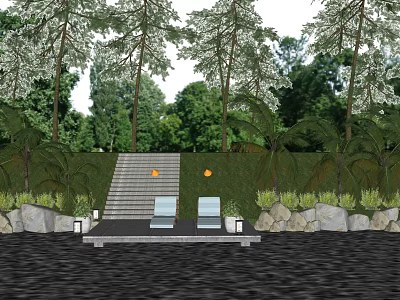 Lush Shrubs Enhancing Waterfront Garden With Stone Steps Lounge Chairs Rocks And Trees 3d model